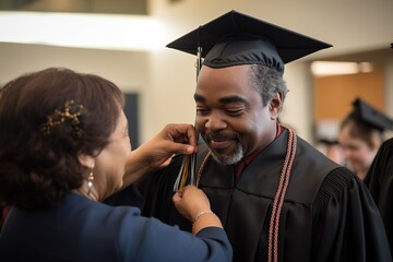 Parent or wife helping with uniform for mature adult man, diverse students. Afro American, Latin middle age man student of a uni 