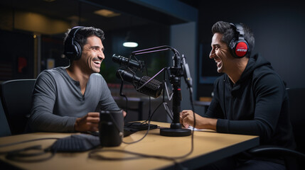 Two people recording a podcast in office.