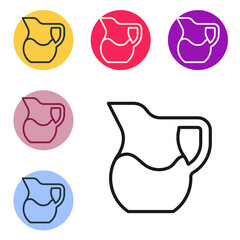 Black line Jug glass with milk icon isolated on white background. Kettle for milk. Glass decanter with drinking milk. Set icons in color square buttons. Vector