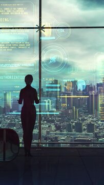 Female silhouette in the office in front of a holographic projection, 3D render.