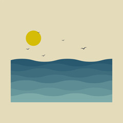 Seaside landscape with flying birds postcard illustration.