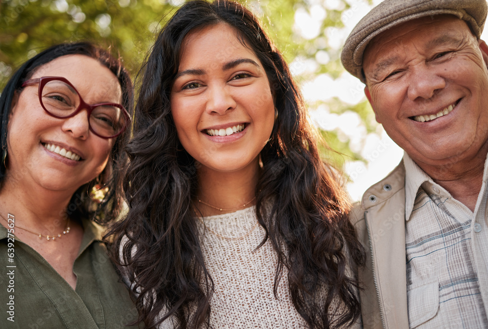 Sticker Nature portrait, mature parents and daughter smile for wellness garden, outdoor journey and connect in Costa Rica. Forest, face and happy family woman, mom and dad together with love, trust and care