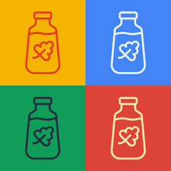 Pop art line Essential oil bottle icon isolated on color background. Organic aromatherapy essence. Skin care serum glass drop package. Vector