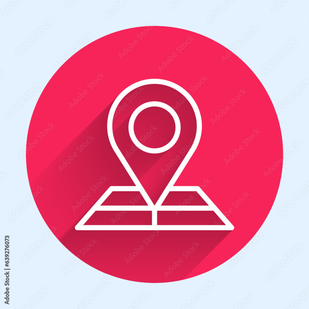Poster white line folded map with location marker icon isolated with long shadow background. red circle but