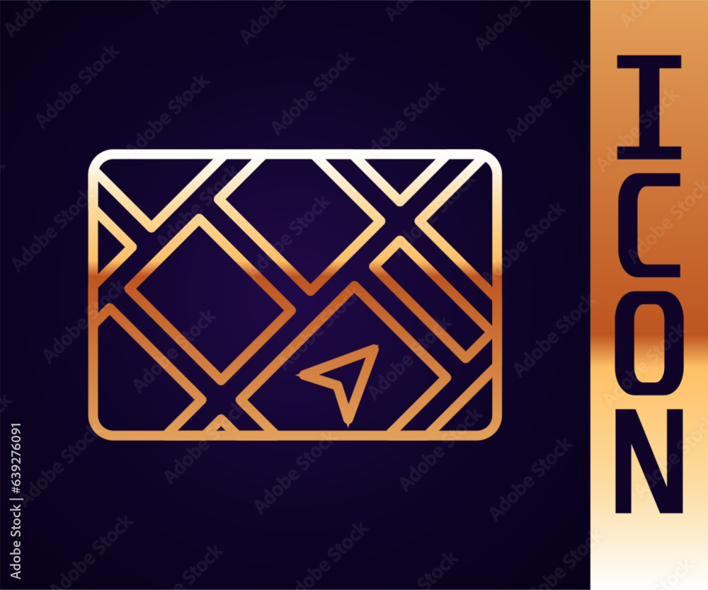 Poster gold line gps device with map icon isolated on black background. vector
