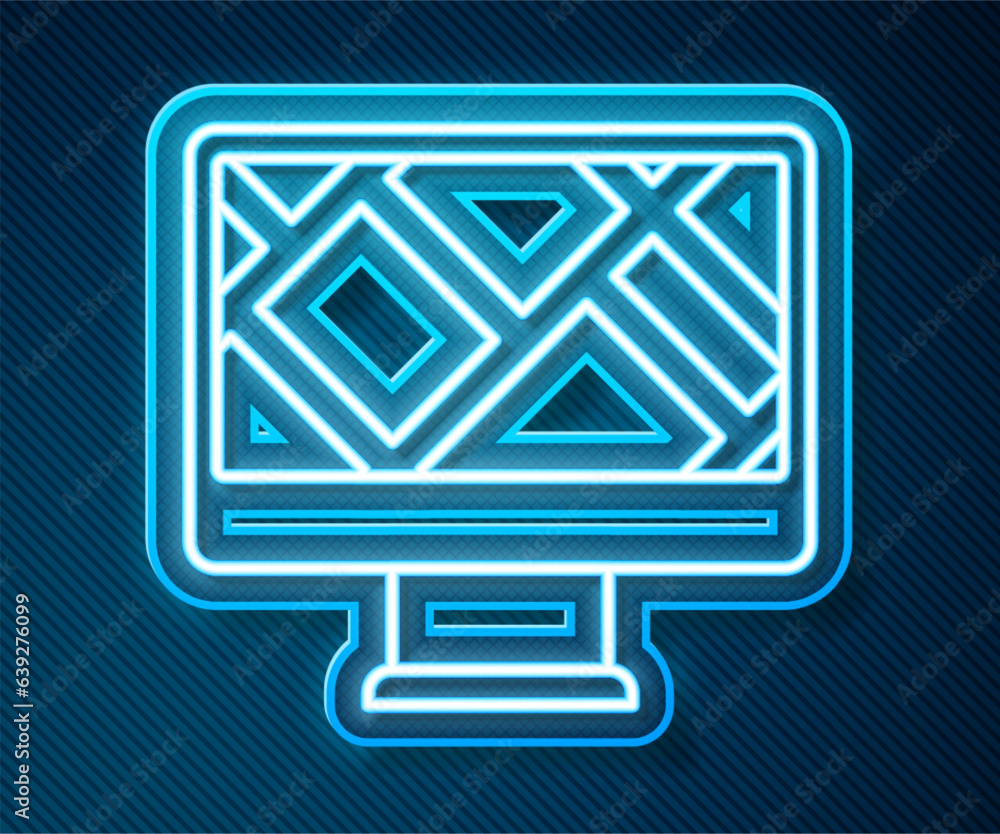 Poster glowing neon line computer monitor and folded map with location marker icon isolated on blue backgro