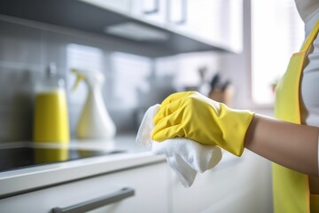 Woman in plastic gloves holding a rag is doing cleaning, house cleaner, cleaning company creative