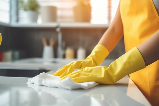 Woman in plastic gloves holding a rag is doing cleaning, house cleaner, cleaning company creative