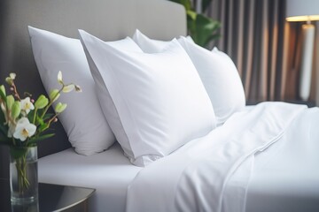 Fototapeta na wymiar Closeup of pure white unpatterned pillow quilt, white unpatterned bedding set, home textile material