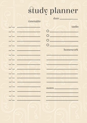 School planner page minimalist abstract design. Vector template school timetable for students and pupils