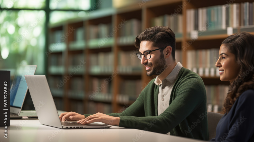 Poster male student sits at a computer in the library preparing for an online lecture