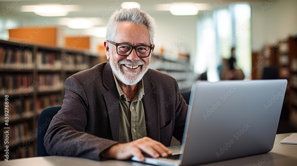 Poster senior professor sits in the university library with a laptop, preparing for a lecture