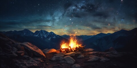Campfire on mountain against blue sky at night