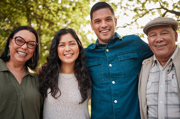 Nature portrait, mature parents and happy family men, women or people enjoy quality time with in son in law . Woods, garden park and together with love, support and care for relax couple, mom and dad