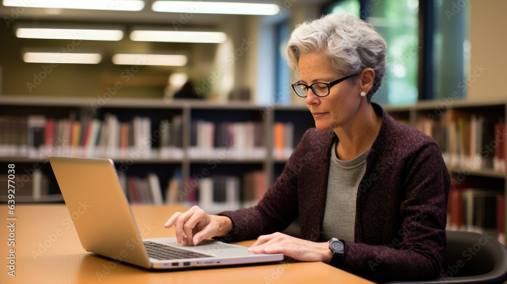 Poster female professor sits in the university library with a laptop, preparing for a lecture