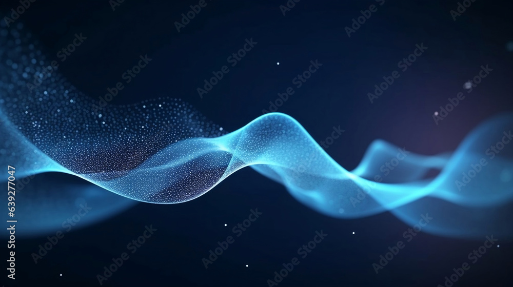 Poster neon glow transparent blue dynamic wave with light particle on dark background, digital and innovati