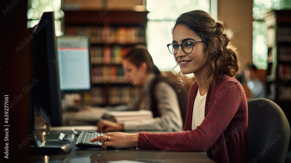 Poster girl student sits at a computer in the library preparing for an online lecture