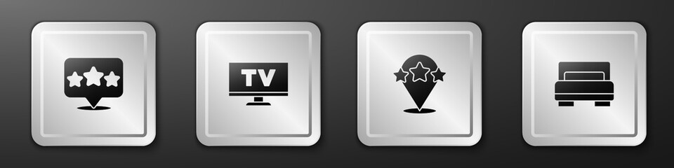 Set Five stars rating review, Smart Tv, and Hotel room bed icon. Silver square button. Vector