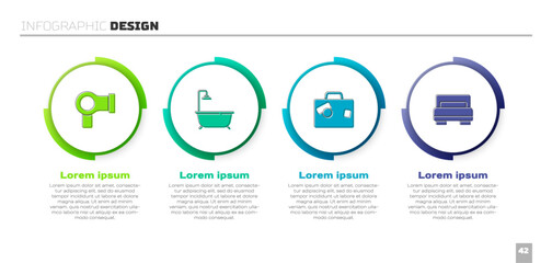 Set Hair dryer, Bathtub with shower, Suitcase and Hotel room bed. Business infographic template. Vector