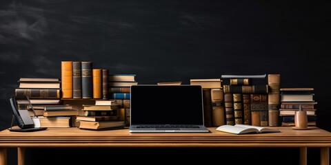 Front view of student wooden desk with blank screen laptop and a lot of books on black wall background
