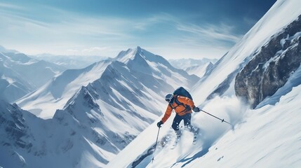 Naklejka na ściany i meble Skiing down a majestic mountain slope 