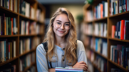 Female student standing in front of book shelves in college library