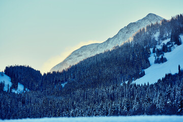 winter landscape in the mountains with snow covered trees, just after sunrise