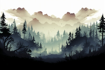 Gloomy silhouette of forest thickets, transparent background. AI generative