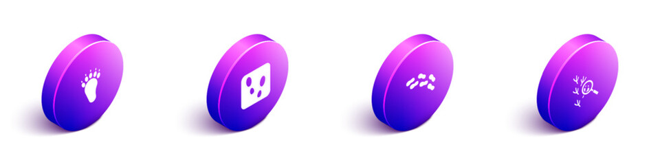 Set Isometric Bear paw footprint, Human footprints shoes, and Bird icon. Vector