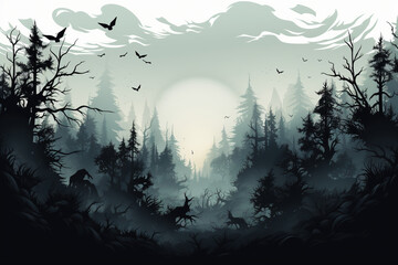 Gloomy silhouette of forest thickets, transparent background. AI generative