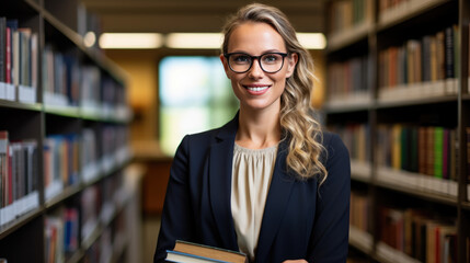 Middle age librarian or college teacher standing in library in front of book shelfes