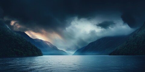 Mountain lake with dramatic clouds in stormy sky at blue twilight