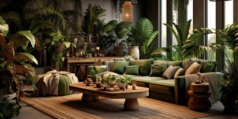 Fototapeta na wymiar Photo of a cozy and green living room with natural elements