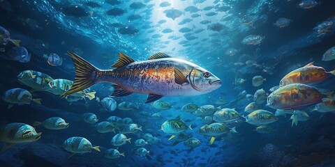 Fototapeta premium School of fish swim through light steaks under textured sea surface