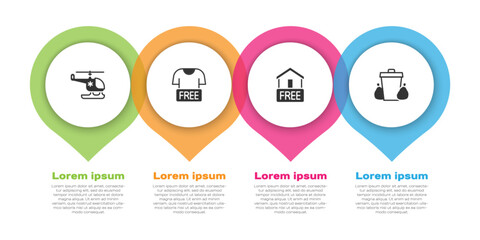 Set Rescue helicopter, Clothes donation, Free home delivery and Trash can. Business infographic template. Vector