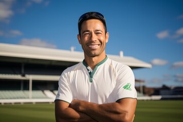 Portrait of smiling rugby player standing with arms crossed in rugby stadium - Powered by Adobe