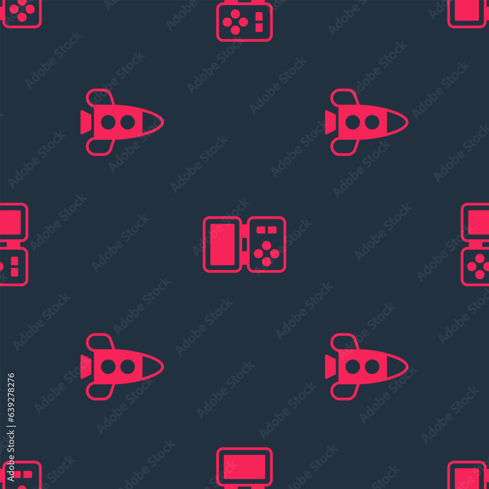 Aufkleber set rocket ship toy and tetris electronic game on seamless pattern. vector