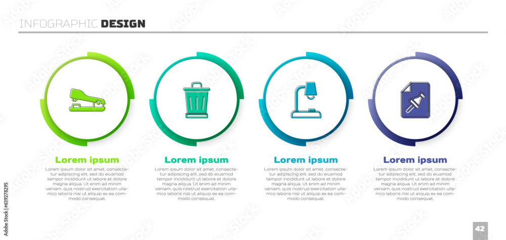 Aufkleber set stapler, trash can, table lamp and note paper with push button. business infographic template. v