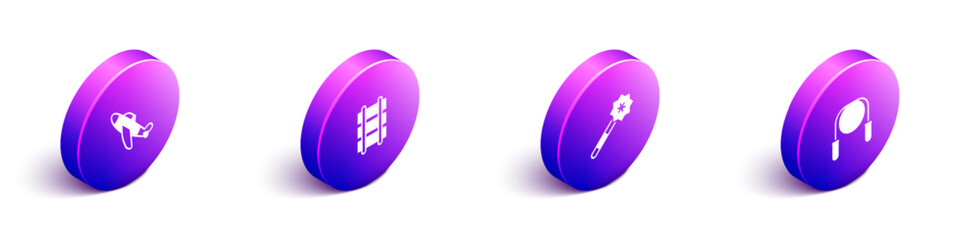 Set Isometric Toy plane, railway, Magic wand and Jump rope icon. Vector