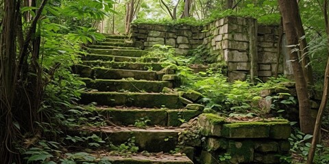 Stone steps of abandoned office building stairs overgrown with young trees