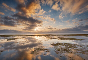Obraz premium Wadden Sea at the end of the day at low tide