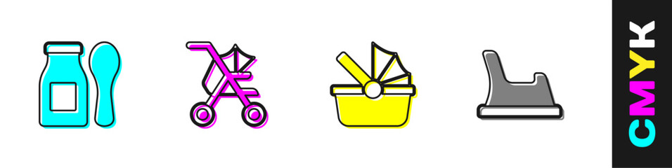 Set Yogurt in bottle with spoon, Baby stroller, and potty icon. Vector