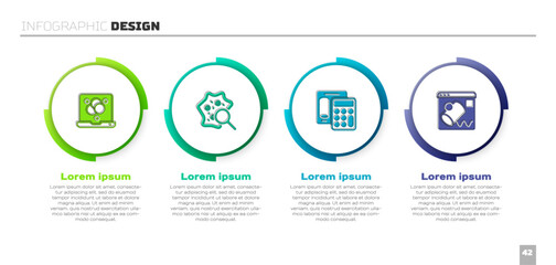 Set Chemical formula, Microorganisms under magnifier, Calculator and Data visualisation. Business infographic template. Vector