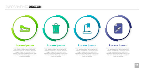 Set Stapler, Trash can, Table lamp and Note paper with push button. Business infographic template. Vector