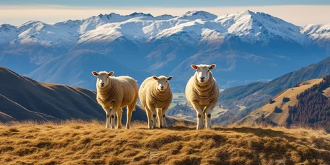 Foto op Plexiglas Three sheep in meadow on hill, Wanaka ski area road, South Island, New Zealand © Павел Озарчук