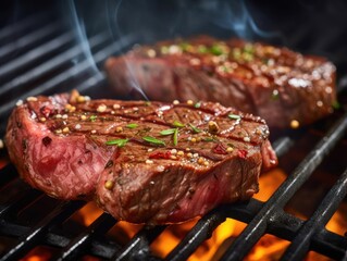 Beef Steak on a grill, close-up shot