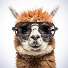 close-up of Alpaca with sunglasses on white background