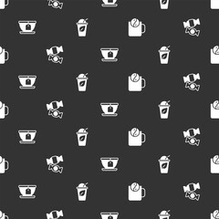 Set Tea time, Candy, Cup with tea bag and of leaf on seamless pattern. Vector