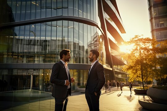 Two businessmen engaged in conversation in front of a corporate building created with Generative AI technology