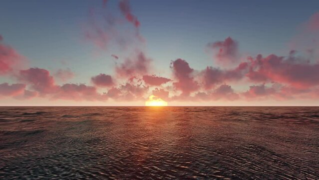 Ocean fly over, high speed animation just above the ocean waves facing the sun at sunset.
